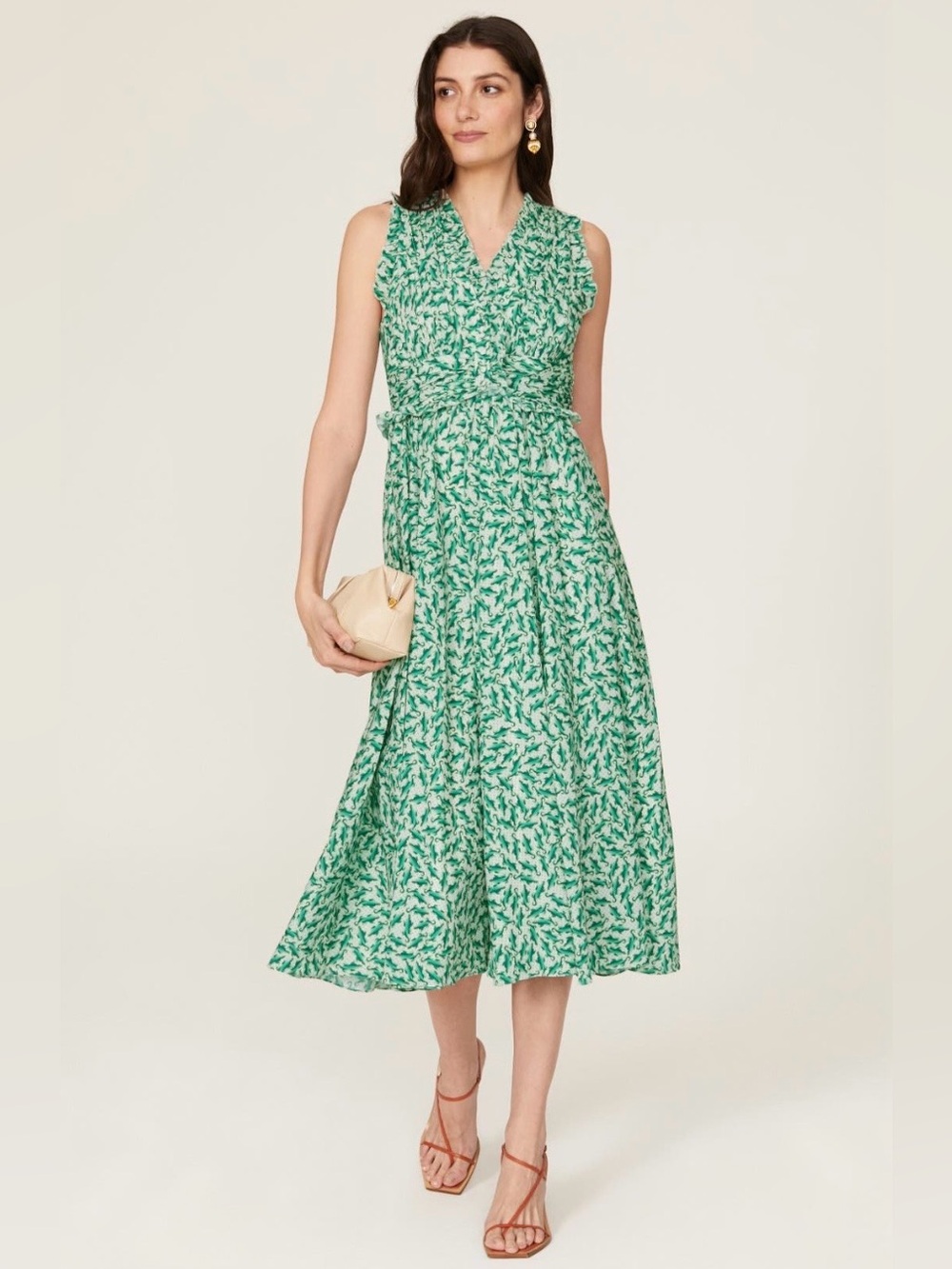 Badgley Mischka~Green and White Sleeveless V-Neck Printed Midi Dress~Size 4~$650